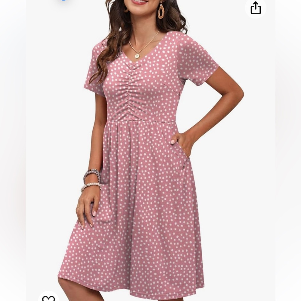 Yathon brand pink polka dot dress with pockets, size Medium/Large